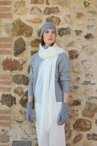 Abella - Elegante Sciarpa in Puro Cashmere con Frange Bianca