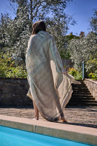 Daloa - Pareo Mare Traspirante Misto Lino con Frange Écru e Blu