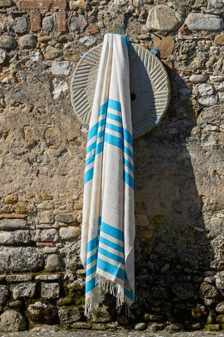Giselda - Morbido Telo Mare in Misto Cotone Écru con Righe Azzurre