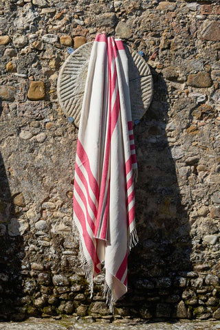 Giselda - Telo Mare in Misto Cotone con Frange Bouclé Écru e Rosso