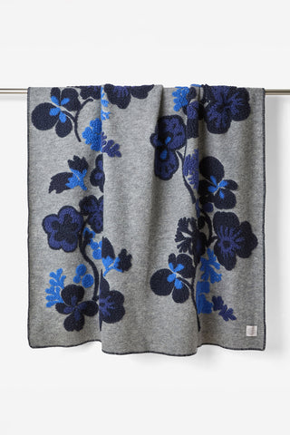 Isotta Plaid Misto Lana Cotta con Disegno Floreale Navy