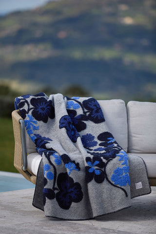 Isotta Plaid Misto Lana Cotta con Disegno Floreale Navy