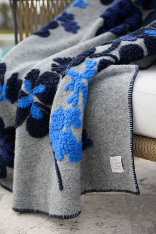 Isotta Plaid Misto Lana Cotta con Disegno Floreale Navy