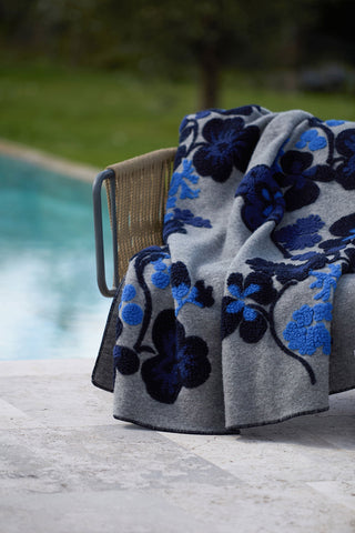Isotta Plaid Misto Lana Cotta con Disegno Floreale Navy