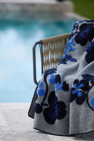 Isotta Plaid Misto Lana Cotta con Disegno Floreale Navy