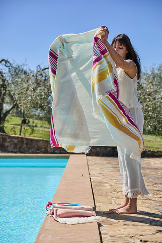 Lacona - Telo Mare in Puro Cotone con Frange Righe Fucsia e Salmone