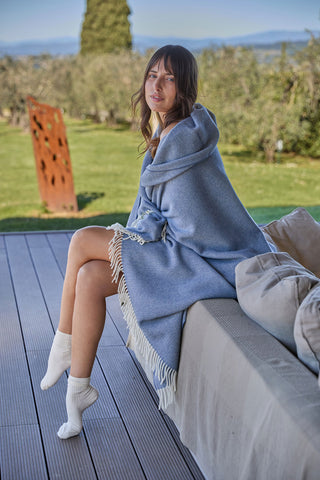 Pires - Plaid in Lana e Cashmere con motivo spinato Avio