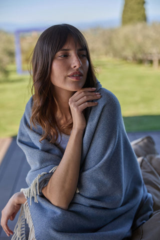 Pires - Plaid in Lana e Cashmere con motivo spinato Avio