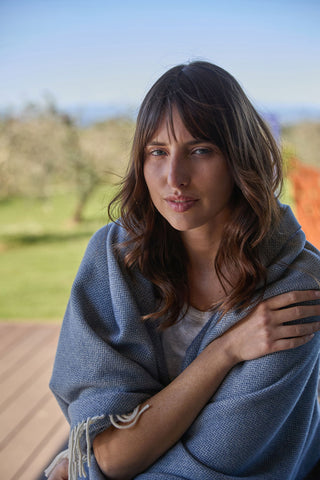 Pires - Plaid in Lana e Cashmere con motivo spinato Avio
