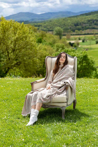 Scozia Plaid in Lana Vergine Beige Bianco Rosso