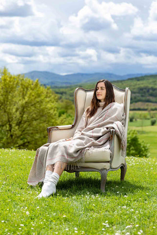 Scozia Plaid in Lana Vergine Beige Bianco Rosso