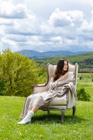 Scozia Plaid in Lana Vergine Beige Bianco Rosso