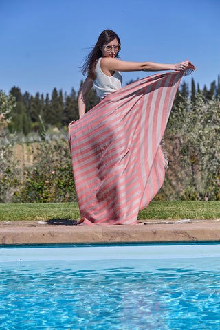 Stripe - Pareo Mare Donna in Puro Lino con Frange Corallo