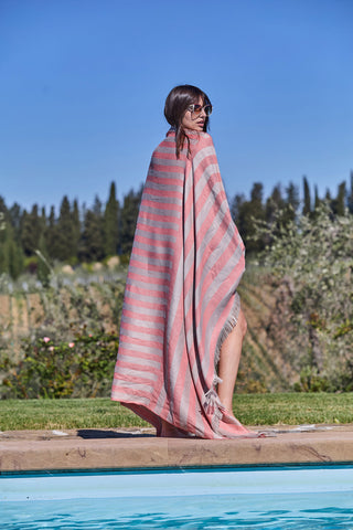 Stripe - Pareo Mare Donna in Puro Lino con Frange Corallo