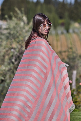 Stripe - Pareo Mare Donna in Puro Lino con Frange Corallo