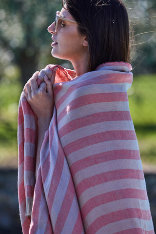 Stripe - Pareo Mare Donna in Puro Lino con Frange Corallo