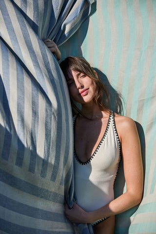 Stripe - Pareo Mare Traspirante in Puro Lino a Righe Celeste