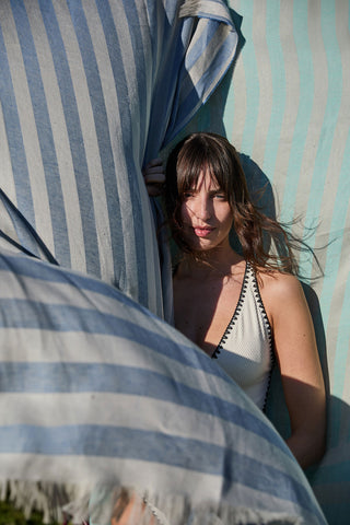 Stripe - Pareo Mare Traspirante in Puro Lino a Righe Celeste